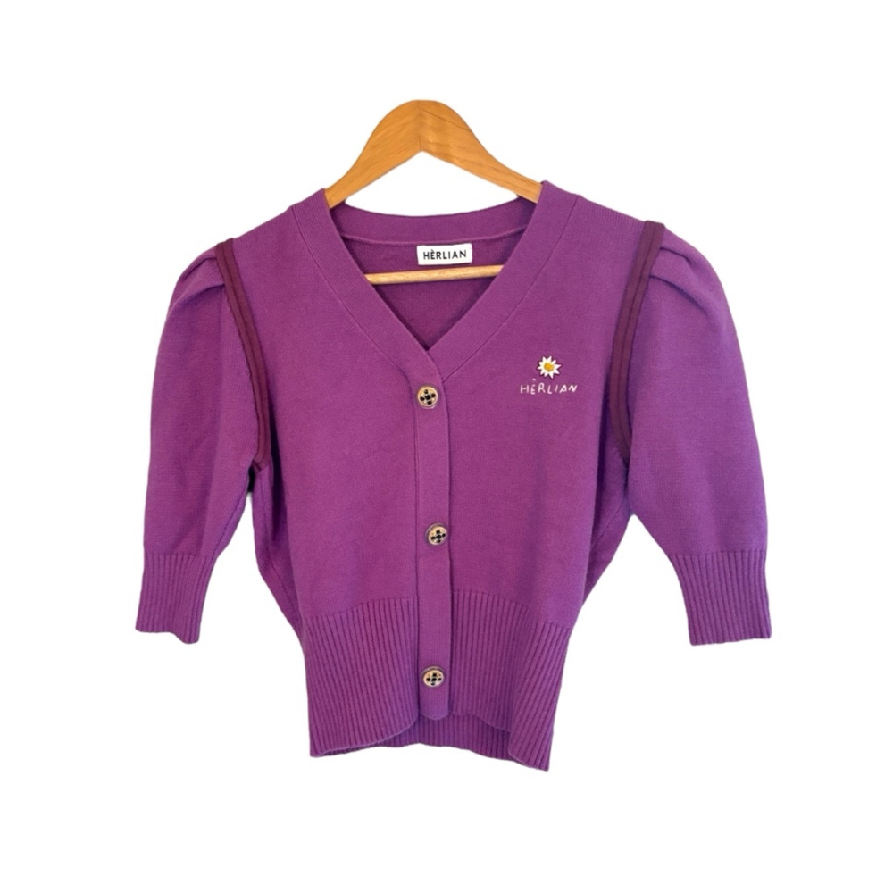 Herlian Knit Purple Short Sleeve Button Up Cardigan Sweater Women’s Size Large